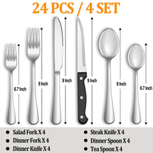 Load image into Gallery viewer, Yeahome 24 Pcs Silverware Set with Steak Knives Service for 4,Stainless Steel Flatware Set,Mirror Polished Cutlery Utensil Set,Home Kitchen Eating Tableware Set,Include Fork Knife Spoon Set,Dishwasher Safe
