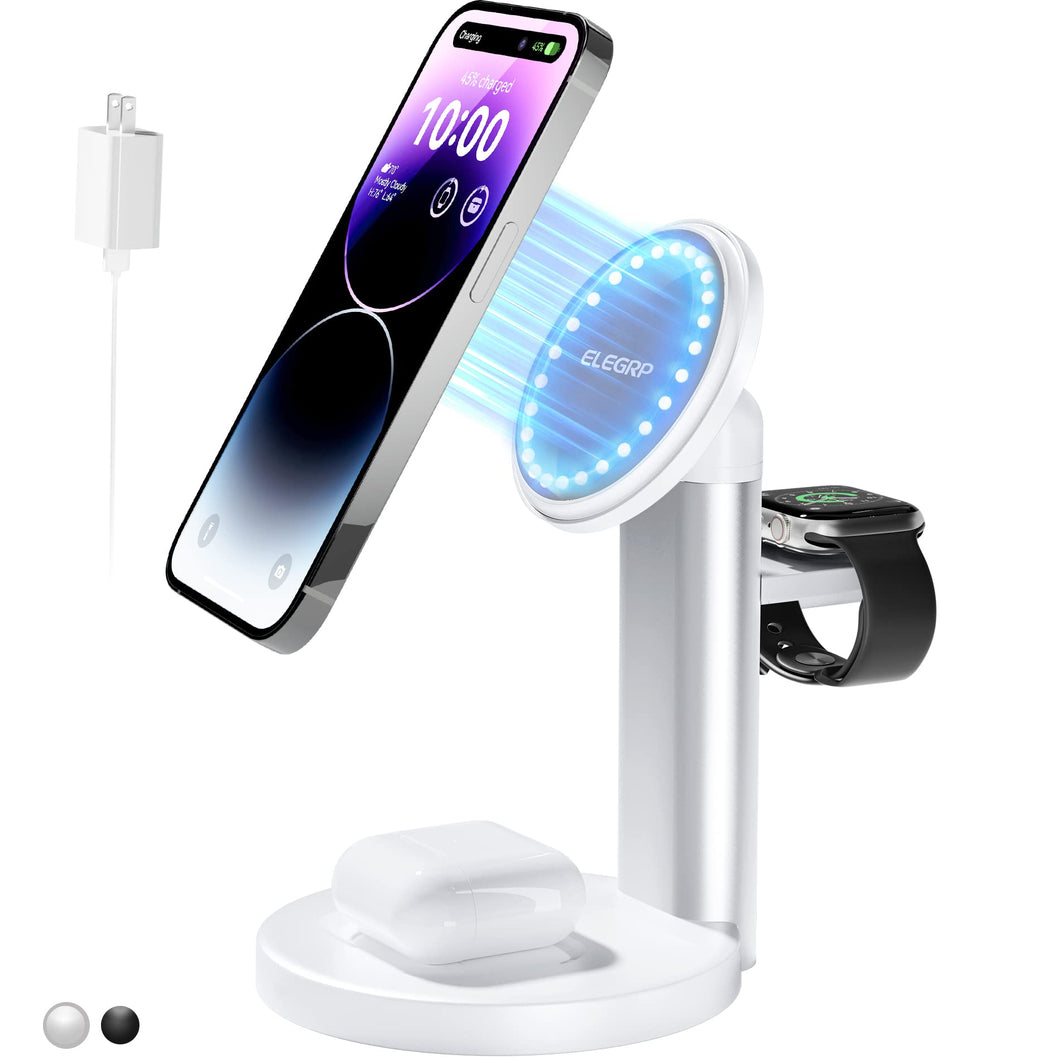 Phitric ELEGRP Wireless Apple Charging Station, 3 in 1 Magsafe Charger Stand for iPhone 15, 14, 13, 12 Pro Max/Pro/Mini/Plus, Apple Watch Ultra 8/7/SE/6/5/4/3/2/1, and AirPods 2/3/Pro (White)