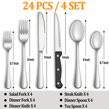 Load image into Gallery viewer, Yeahome 24 Pcs Silverware Set with Steak Knives Service for 4,Stainless Steel Flatware Set,Mirror Polished Cutlery Utensil Set,Home Kitchen Eating Tableware Set,Include Fork Knife Spoon Set,Dishwasher Safe
