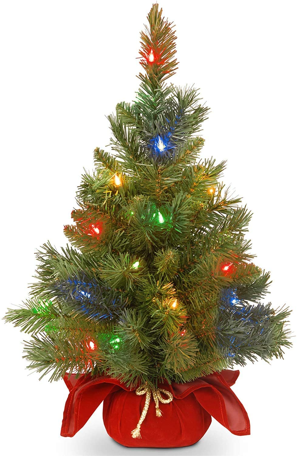 DECSPAS Pre-lit Artificial Mini Christmas Tree | Includes Multi-Color LED Lights and Cloth Bag Base | Majestic Fir - 2 ft