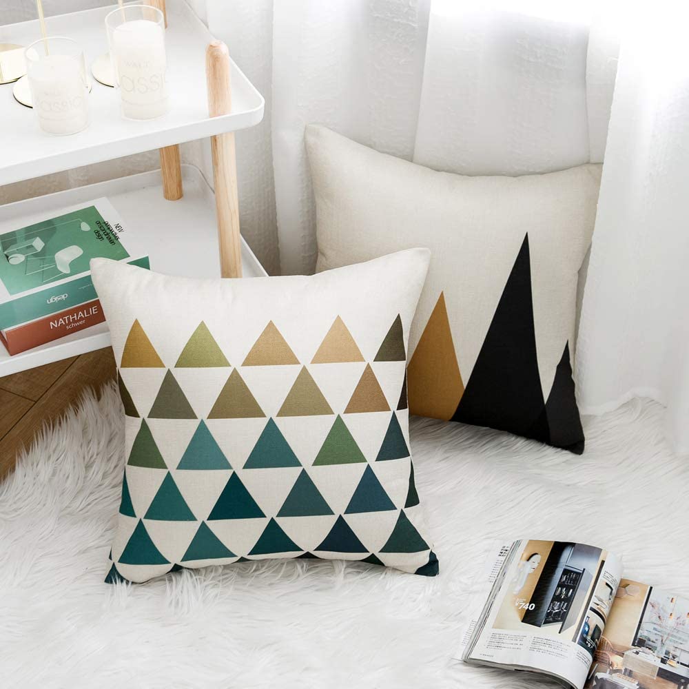 Set of 4 Pillow Covers 18x18, Yellow Geometric Gray Pattern Style